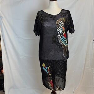 Elegant Black Mesh Dress with Colorful Embroidery